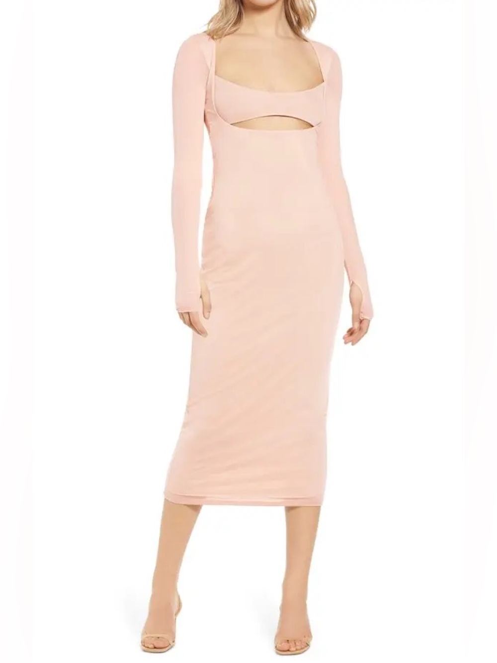AFRM Kellen Cutout Long Sleeve Mesh Bodycon Midi Dress in Blush Pink Sz M